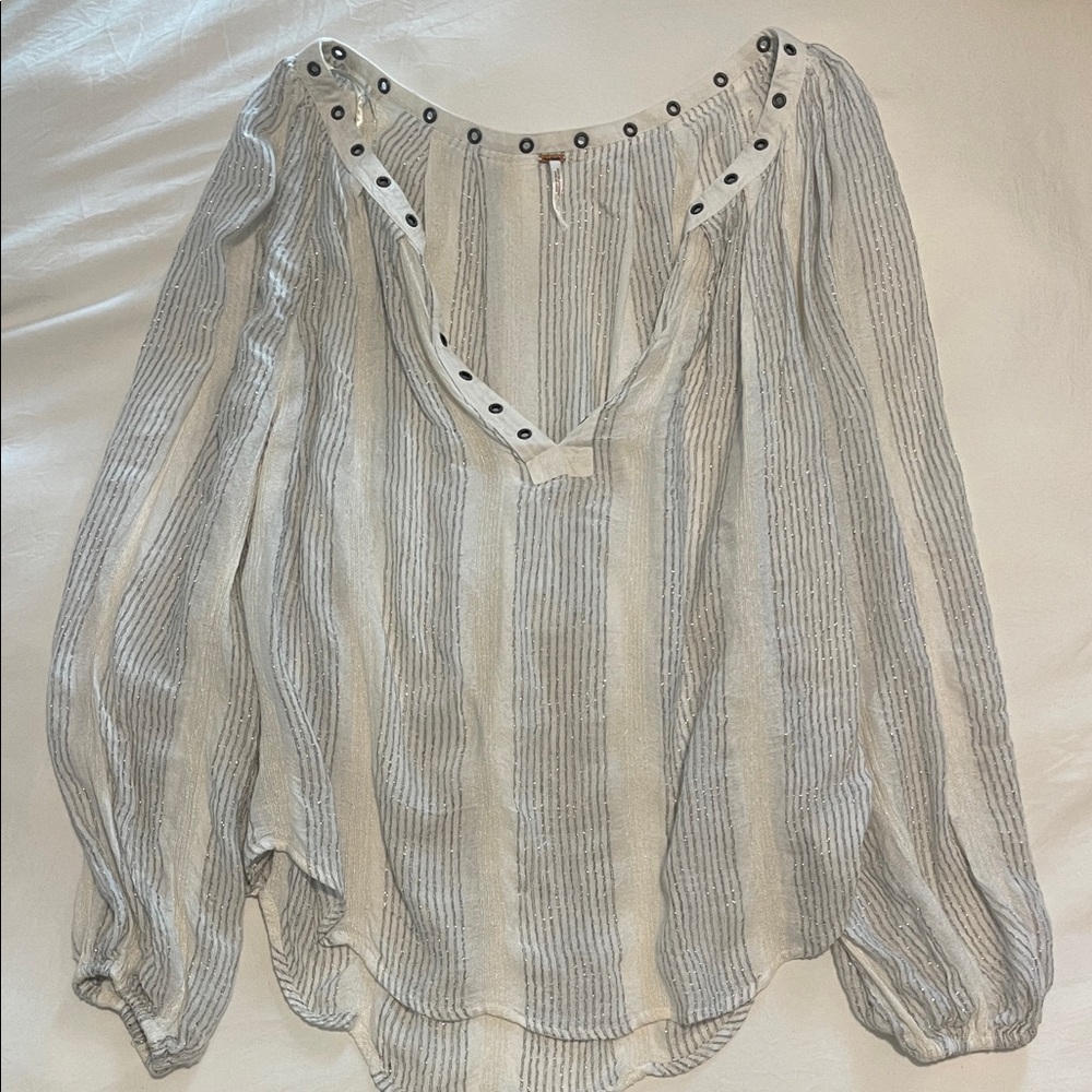 Free People Gray and White Striped Blouse